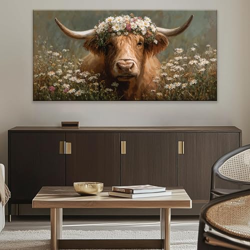 YISXINOAG Flower Wall Decor Animal Canvas Wall Art Large Highland Cow Wall Art for Living Room Floral Canvas Artwork Highland Cow Decorations Pictures for Bedroom Ready to Hang Size 29"X58" - color: light brown, size: 58"L x 29"W