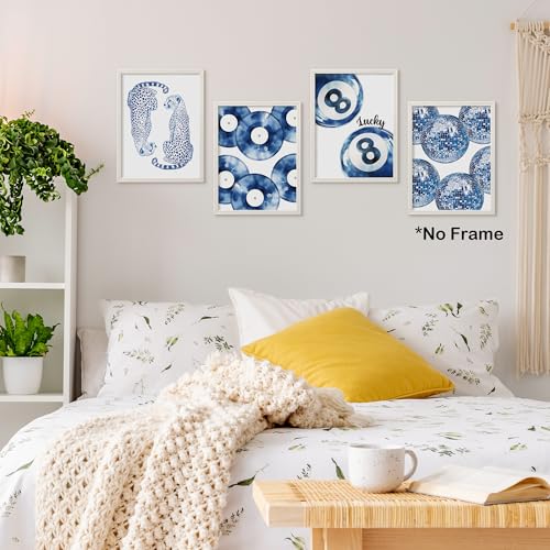 TLESKE Blue Preppy Cheetah Lucky 8 Balls Posters Prints Unframed 12x16 Set of 4, Trendy Disco Balls Wall Art Prints Decor for Teen Girls Dorm Bedroom Living Room, Retro Aesthetic Wall Pictures - color: blue disco, size: 16L" x 12W"