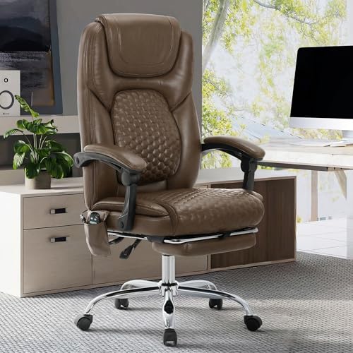MALOL Massage Office Chair with 3-Level Heat and Footrest – 20-Min Easy Assembly, 300 lbs Big and Tall Reclining Desk Chair, PU Leather Ergonomic Executive Computer Chair with Side Pocket, Brown - color: Brown, size: Set of 1, style: Modern