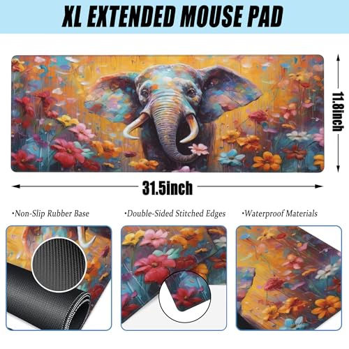 XL Mouse Pad,Elephant in Flower Blossom Large Gaming Mouse Pad,Cute Elephant Floral Desk Mat,Extended Big Computer Keyboard Desk Pad with Non-Slip Base and Stitched Edge 31.5"x11.8" - color: Elephant in Flower Blossom, size: XL-31.5"x11.8"
