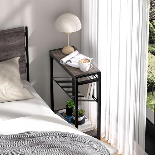Side Table for Small Space, 3-Tier Narrow End Tablewith Magazine Holder,Slim Nightstand, Skinny Snack Couch Table in Living Room, Bedroom Study and Balcony(Ash Brown) - color: Ash Brown