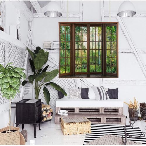 Aidatain Green Forest Natural Tapestry Window Scenery Wall Aesthetic Tapestry for Bedroom Flannel 60" L x 60" W Beach Blanket Living Dinning Room College Dorm Wall Hanging GTDJAT0090 - size: 60"L x 60"W