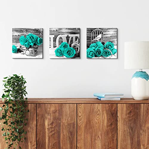 Teal Bathroom Wall Decor Turquoise Teal and Grey Rose Wall Art for Bedroom Living Room Accessories Love Sign Aqua Green Flower Pictures Floral Poster Canvas Artwork Kitchen Home Decoration 12x12" 3 - color: Green Rose, size: 12x12in