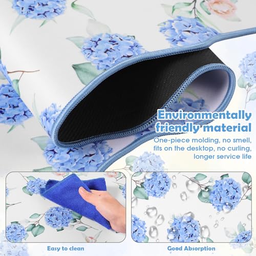 Copkim 1 Pcs Blue Scalloped Hydrangea Desk Mat 31.5 x 11.8 Inch Large Cute Mouse Pad Computer Mat Non Slip Waterproof Rubber Base with Border Stitching Soft Keyboard Pad for Home Office Gaming Makeup - color: Blue, style: Hydrangea