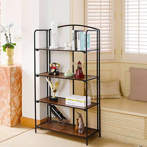 Crofy 4-Tier Wider Foldable Bookshelf, Black Frame & Walnut Shelves | No-Assembly Collapsible Portable Storage Organizer; Sturdy Walnut Finish Shelves; Ideal for Living Room & Home Office - color: Black Frame & Walnut Shelf, size: 4 Tier Wider