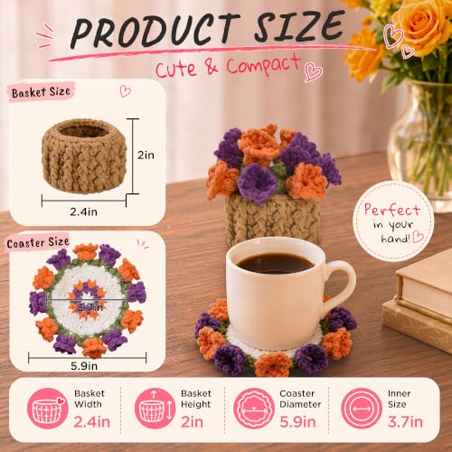 Flower Crochet Coasters, Handmade Bouquet Blanket Coaster with Crochet Plant Pot Fun Soft Decorative Drink Coasters for Coffee Tabletop Protection and Home Decor (Purple, 1Pc) - color: Purple, size: 1Pc