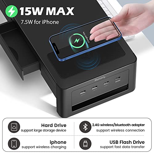 meatanty 3 In 1 Monitor Stand Riser with 2 Drawers,1 Wireless Charging Module and 4 USB Ports,Metal Computer Stand Support Transfer Data & Charging,Desk Organizer for PC,iMac (21 inches) - size: Large