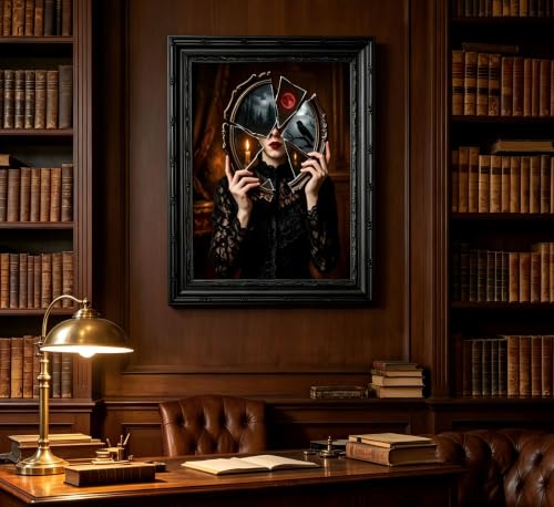 Gothic Broken Mirror Witch Framed Wall Art, Vintage Dark Aesthetic Raven Blood Moon Canvas Print with Ornate Black Carved Frame, Witchy Dark Academia Wall Decor for Bedroom Living Room Halloween - color: Broken Mirror, size: 11"L x 9"W