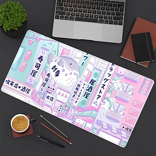 Pastel Tokyo Street Cute Desk Mat - Kawaii Anime Japanese Large Gaming Mousepad - Beige Desktop Laptop Keyboard Mouse Pad - City Aesthetics for Women Girl 31.5x15.75 in - color: Pastel Tokyo Street
