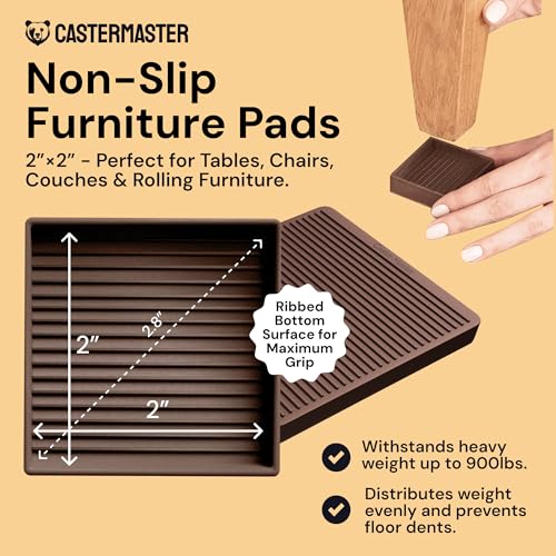 CasterMaster Non-Slip Furniture Pads - 2x2 in Brown, 4 Pack | Rubber floor protectors & sliders - anti-skid - Use for chairs, beds & sofas on hardwood, vinyl & tile - color: Brown, size: 2'' x 2'' (Pack of 4)