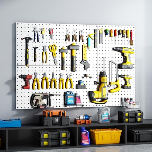 Peg Board, 70PCS Heavy Duty Metal Pegboard with Hooks, 6 Pack White Peg Board Panels, 50lbs Load Capacity Each, Pegboard Wall Organizer for Garage, Workshop, Craft Rooms Total 24” x 36” - color: White, size: 12“×12”-6PCS(with Hooks)