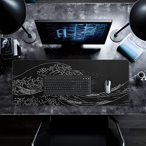 Japanese Gaming Mouse Pad Abstract Black Mouse Pad 31.5x11.8 Inch Black Sea Wave Texture Non-Slip Rubber Base Large Ocean Mousepad Stitched Edges Keyboard Mouse Mat Desk Pad for Office and Home - color: Japanese Sea Wave