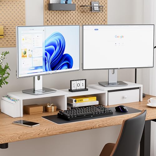 Dual Monitor Stand Riser, Adjustable Length & Swivel Angle Monitor Stand, Ergonomic Monitor Stand with Drawer & Side Pockets, Desktop Organizer and Office Desk Accessories, White - color: White, style: Separate-Type