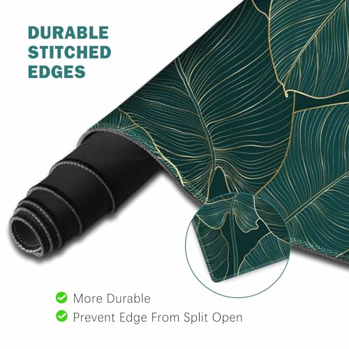 ToLuLu Extended Gaming Mouse Pad, Memory Foam Ergonomic Keyboard Mouse Wrist Rest Support Set, Large Desk Mat with Stitched Edges, Non-Slip Base Mousepad for Home Office Game, Green Golden Leaves - color: Green Golden Leaves