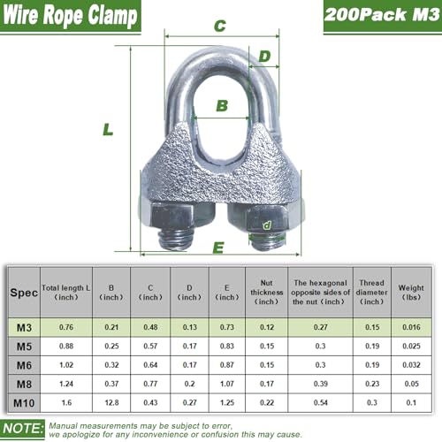 200 PCS 1/8 Inch Wire Rope Clamps, M3 Heavy Duty Galvanized Wire Cable Clamps for Tent Ropes, Boat, Clotheslines, U-Bolt Saddle Fasteners for Secure Connections - size: M3-200PCS