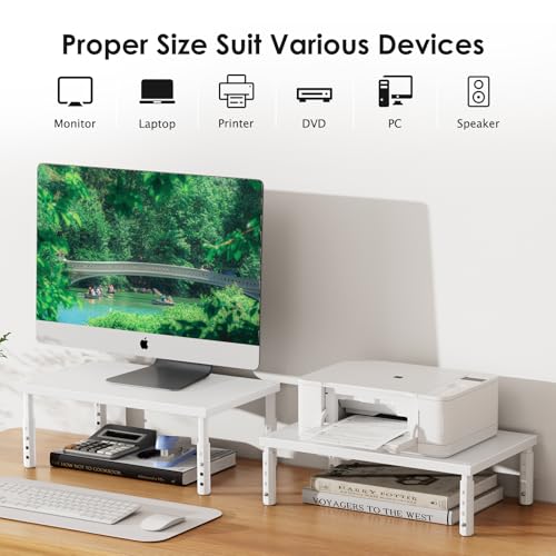 ECOLOVI Wood Computer Monitor Stand Riser for Desk, 4-Height Adjustable Desktop PC Printer Laptop Stand Shelf, Desk Organizer Workspace Accessories for Home Office Supplies, White - color: White, size: Adjustable Height
