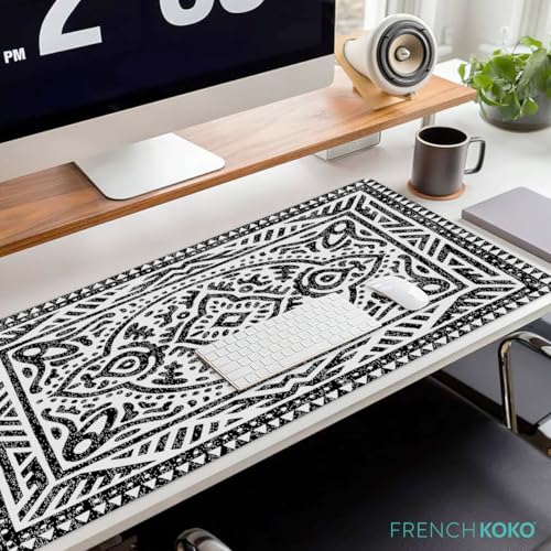 French KOKO Desk Mat, Large Desk Pad Large Mouse Pad Cute Desk Accessories Home Office Essentials XL Desk Mat Desk Pad Keyboard Mouse Desk Pads Computer Cute Women Girls (Black White Rug, 36" x 16.5") - color: Black White Rug, size: 16.5" x 36"