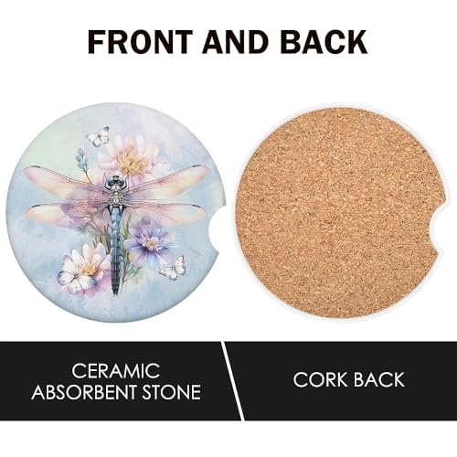 Dragonfly Car Coasters Set of 2 for Cup Holder 2.63" Absorbent Ceramic Cup Coaster Non-Slip Cork Base Drink Coasters with Finger Notch Car Accessories Interior for Women Men - color: Dragonfly