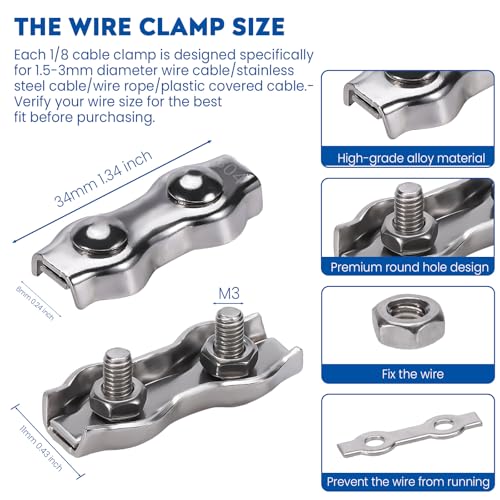 16 PCS 1/8 Inches M3 Stainless Steel Wire Rope Cable Clip Clamp, 8 PCS Duplex Double Bolt Cable Clamp + 8 PCS Simplex Single Bolt Wire Rope Clips for 1/8 Inch (1.5mm-3mm) Wire Cable for Outdoors - size: 16pcs-simplex/duplex-M3(1.5mm-3mm)