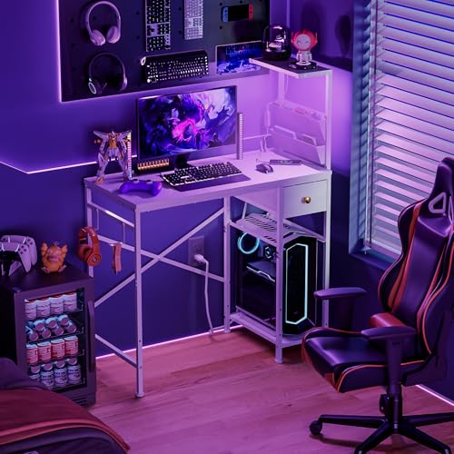 Jakyitvi 33.7" Computer Desk with Power Outlets, LED Lights & Drawer, Small Office Desk with Storage Bag & Hooks, Gaming Desk for Bedrooms or Home Office, Compact Study Desk for Small Spaces,White - color: White