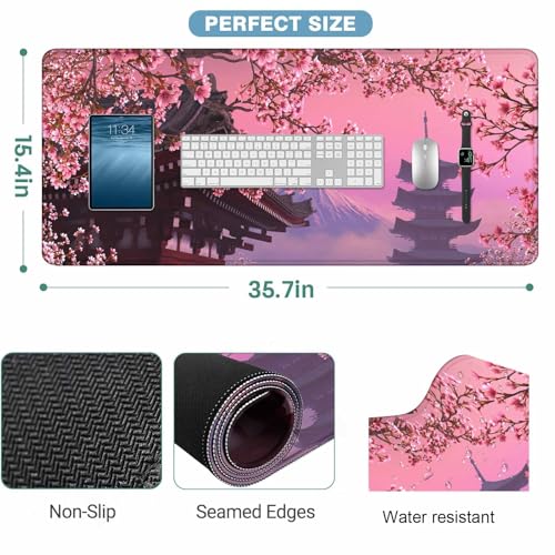 Cherry Blossoms Tree Mouse Pad Japanese Mount Fuji Spring Landscape Keyboard Mat Large Gaming Mousepad for Desk,Office,Bed 35.4"X15.7" - color: Cherry Blossoms tree