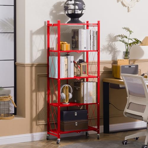 DEANIC 5-Shelf Folding Bookcase with Wheels, Heavy Duty Storage Shelves, Freestanding Metal Wire Shelving Unit for Living Room, Office, Kitchen, Basement, Pantry(Red) - color: Red, size: Compact 5 tier