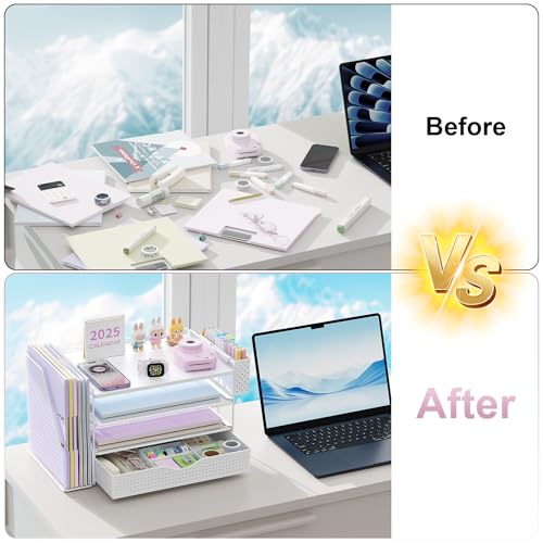gianotter Wood Desk Organizers and Accessories with File Holder, 4-Tier Desk Accessories & Workspace Organizers with Drawer and Pen Holder, Desk Reference Organizer (White, 4T with Drawer) - color: White, size: 4T with Drawer