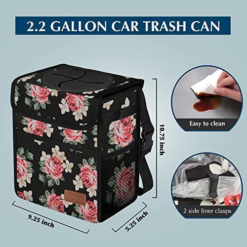 Femuar Car Trash Can Leak Proof Car Trash Bag Waterproof Car Garbage Can with Lid for SUV Front Seat Multipurpose Car Hanging for Headrest Collapsible and Portable with Storage Mesh Pocket, Flower - color: Flower, size: 2.25 Gallons