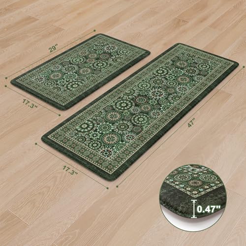 KIMODE Anti Fatigue Kitchen Mats for Floor 2 Piece Cushioned Boho Kitchen Rugs Memory Foam Kitchen Floor Mats Standing Desk Mats for Laundry Office Sink Green 17"x47"+17"x29" - color: Green/Multi, size: 17.3" x 47"+17.3" x 29"--0.47 inches