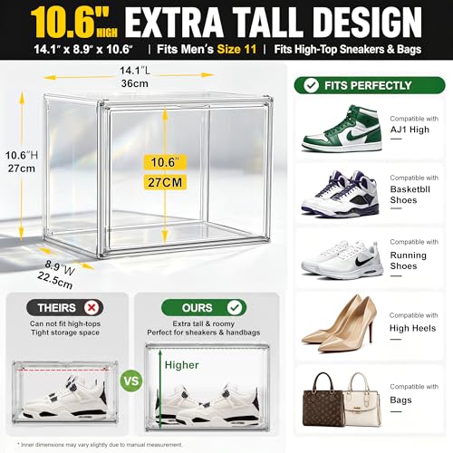 Clear High-Top Sneaker Storage Box, Acrylic Shoe Organizer 1 Pack | Extra height 10.6'' for high-top sneakers & athletic footwear Size 11. Stackable display design keeps collections organized - color: Clear, size: X-Large
