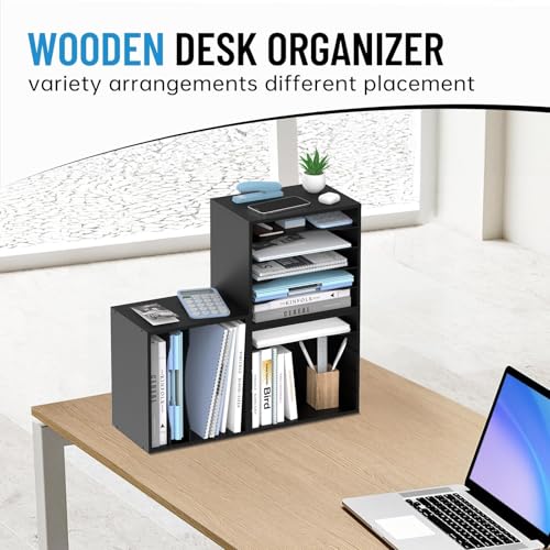 5-Tier Wood Desk Organizer, Paper Tray Organizer for Desk with Adjustable Storage Shelves, Desktop File Organization Paper Sorter Mail Holder for Office Home Classroom, Black - color: Black, size: 5 Tier