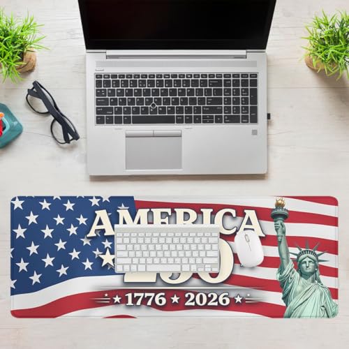 America 250 Mouse Pad Statue of Liberty America Flag Mousepad Extended Large Laptop Keyboard Non-Slip Rubber Base with Stitched Edges for Home Office Computer Keyboard Laptop 31.5x11.8 Inch - color: America 250 America Flag, size: 31.5" x 11.8"