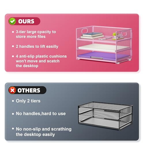 Marbrasse 3 Tier Paper Organizer Letter Tray, Mesh File Organizer with Handle, Paper Sorter Desk Organizer for Home Office Supplies - 2p Pink - color: Pink - 2p
