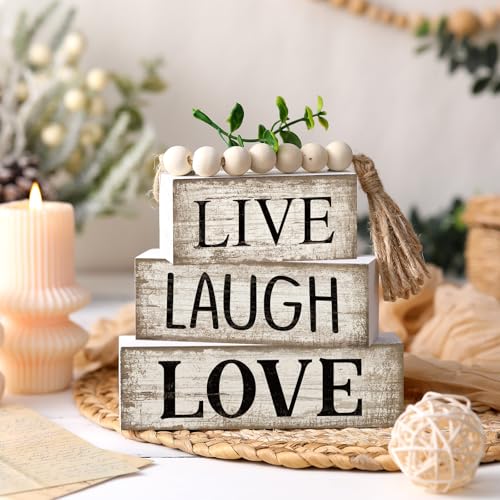 Yuntau 5 Pcs Rustic Farmhouse Tiered Tray Farmhouse Fake Books Decoration Life Laugh Love Wooden Tabletop Decor Love Block Decor Wood Block Sign Gift Centerpiece for Shelf Coffee Mantle Kitchen Table - style: Love