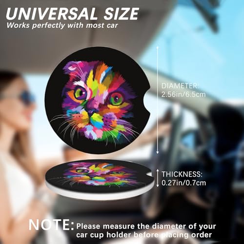 2 Pack Car Cup Holder Colorful Cat Coasters Absorbent Ceramic Coaster for Cup Holders Fashion Car Interior Accessories for Men Drink Coaster for Women - color: Colorful Cat