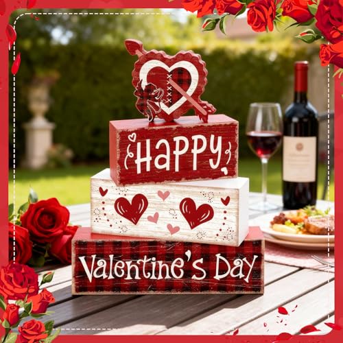 Britimes 4Pcs Valentine’s Day Table Decor Red Happy Valentine’s Day Heart Tiered Tray Decorations Set Rustic Farmhouse Wooden Stack Block Signs Plaid Romantic Tabletop Decor for Table Home Office - style: Cupid of Love Valentine