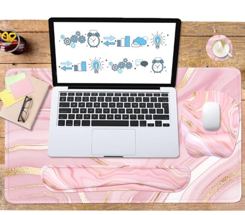 Keyboard Wrist Rest Large Mouse Pad Wrist Support for Computer, 4 in 1 Memory Foam Keyboard Pad Desk Mat Ergonomic Hand Rest Wrist Cushion for Home Office Gaming - Pink Marble - color: Pink Marble