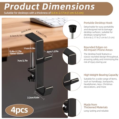 Desk Mount Bag Holder Hook Clamp,On Backpack Hanger Portable Desk Mount Headphones Holder for Reduce Desk Clutter Table Desk Table Hanging Storage (4 Pcs-Double Hook Black) - color: 4 Pcs-Double Hook Black