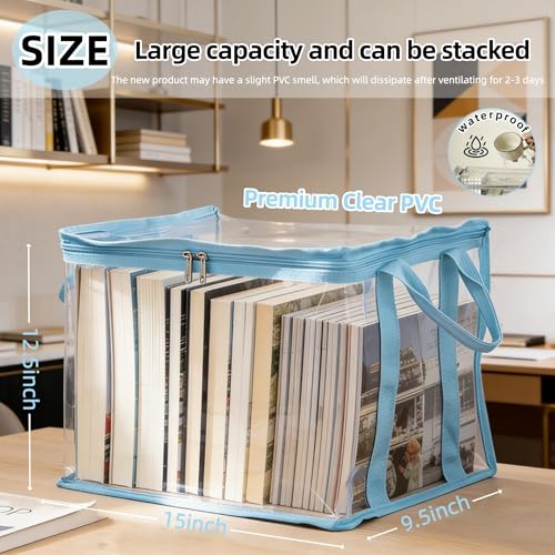 2-Pack Large Clear Book Storage Bags - Waterproof Plastic Comic Book Bin with Carrying Handles - Portable Book Display Case & Closet Organizer for Used Books, DVDs and Magazines - 15" x 9.5" x 12.5" - color: Blue, size: 2-Pack