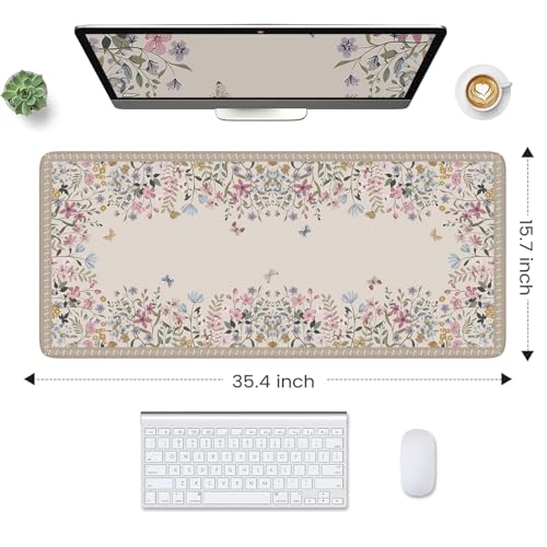 HAOCOO Beige Desk Matt for Desktop, Desk Mat for Keyboard and Mouse, Floral Keyboard Mat with Edge Stitching, Non-Slip Large Mouse Pad for Desk for Gaming,Women Office - color: Beige