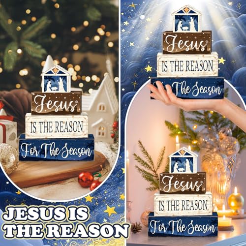 Britimes 4 Pcs Christmas Wooden Tiered Tray Decor Set, Nativity Scene Jesus Table Decor Rustic Farmhouse Holiday Wooden Coffee Table Centerpieces for Home Kitchen Office Decorations - style: Jesus Religious