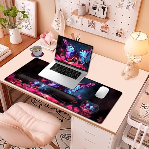 Large Mouse Pad + Keyboard Wrist Rest Set, Extended Gaming Mousepad (31.5X11.8 inch) with Non-Slip Rubber, Ergonomics Memory Foam Mouse Wrist Rest Support, Colorful Butterflies Pattern XXL Desk Pad - color: Yu-Mouse Pad-3-B48