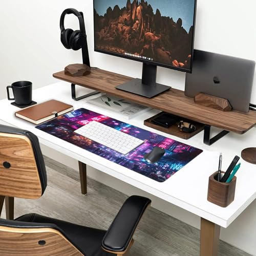 Desk Mat,Cyberpunk Neon City Large Gaming Mouse Pad for Desk XL,Futuristic Night Street Desk Pad,Extended Big Computer Keyboard Mouse Pad with Non-Slip Base and Stitched Edge 31.5"x11.8" - color: Cyberpunk Neon City, size: XL-31.5"x11.8"