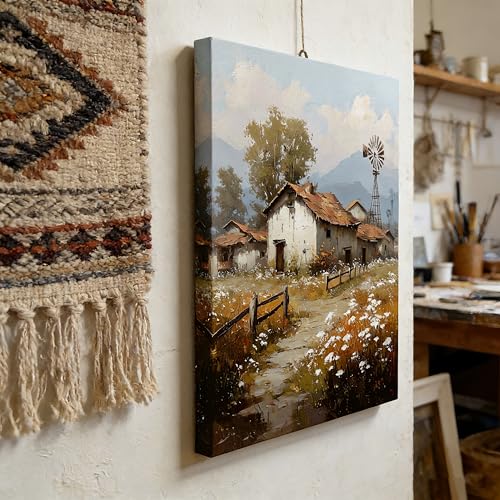 Canvas Wall Art Framed Rustic Farmhouse Windmill Mountain Landscape Impressionist Textured Vintage Serene Cozy Earthy Peaceful Wall Decor for Living Room Countryside Nature Floral Decor 16x24 Inches - color: cabin, size: 24"L x 16"W