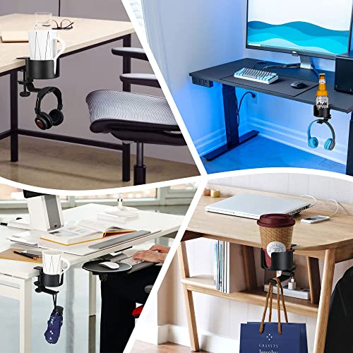 2 in 1 Desk Cup Holder with Headphone Hanger Holder, Anti-Spill Cup Holder-360° Rotation Aluminum Alloy Stand Hook Bearing Capacity 10kg/22lb Suitable for Coffee Mups,Water Cups,Bag,Headphone