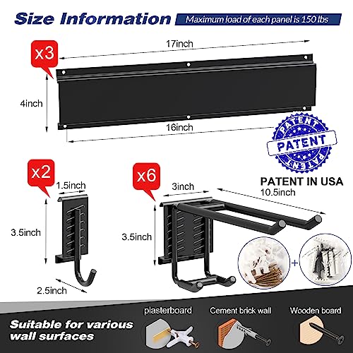 Sttoraboks Garage Wall Organizer, Heavy Duty Tool Hangers for Garage Wall with 8 Double Hooks & 3 Rails, Tool Organizer Wall Mount, Garage Hanging Storage Rack for Shovel, Rake, Broom and Ski Gear - size: 51inch 3 panels+8 hooks