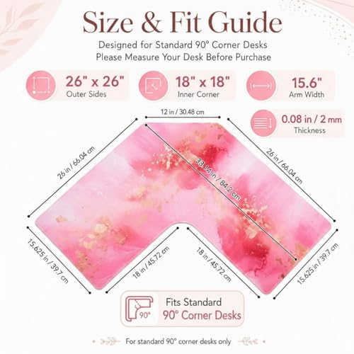 Relaxweex L Shaped Desk Mat for 90° Corner Desks, 26" x 26" Pink Waterproof Mouse Pad with 18" Inner Corner, Non-Slip Rubber Desk Protector for Office & Gaming - color: Pink, size: 26" x 26"