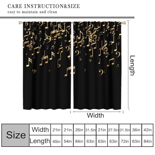 Musical Notes Curtains, Golden Music Note Print Black Background Modern Art Window Treatments Drapes for Living Room Bedroom Kitchen Home 42" W X 45" L(No Blackout) - color: Musical-10, size: 20.5"W x 45"L (Pack of 2)