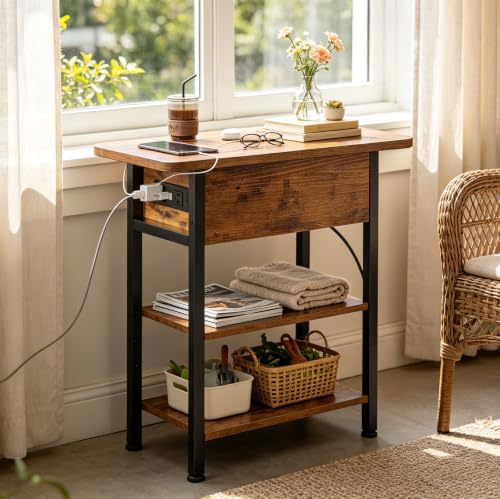 WLIVE End Table with Charging Station, Flip Top Narrow Side Table with Storage Shelf, Small Nightstand with USB Ports and Outlets,Bedside Table for Living Room, Bedroom,11.81" D x 23.62" W x 24.33" H - color: Rustic Brown