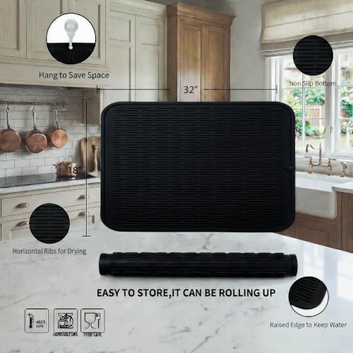 MicoYang Silicone Dish Drying Mat for Multiple Usage,Easy clean,Eco-friendly,Heat-resistant Silicone Mat for Kitchen Counter or Sink,Refrigerator or Drawer Liner Black 4XL 32 inches x 18 inches - color: Black, size: 32"L x 18"W